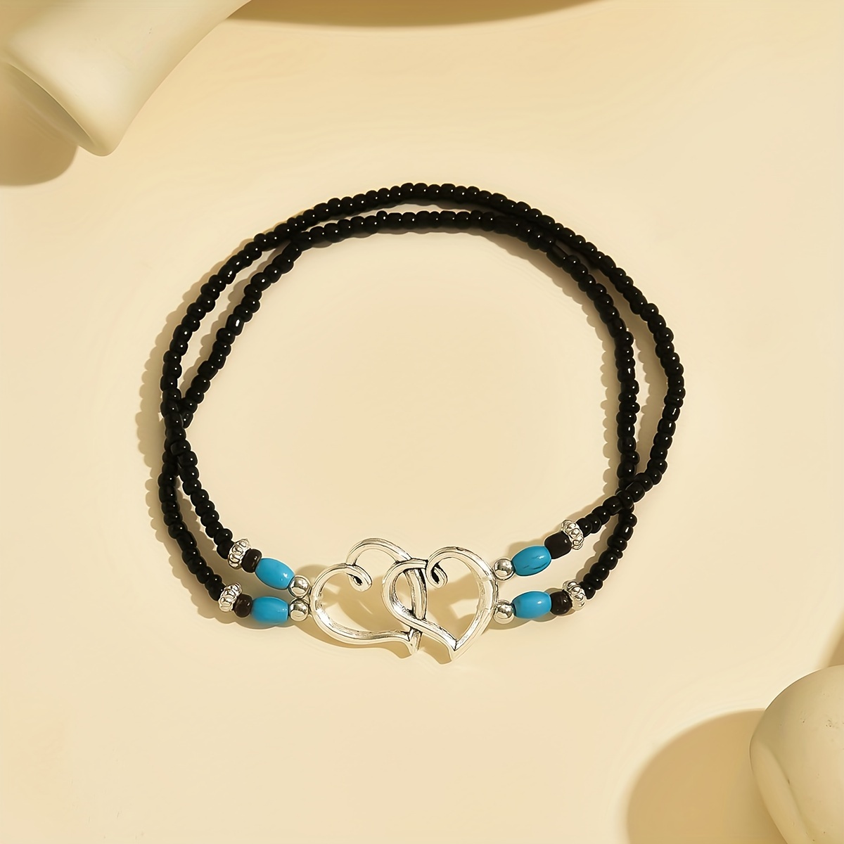 Bohemian Glass Rice Bead Double Heart Elastic Anklet